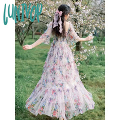 Lunivop French Sweet Women Fresh Chiffon Mesh Floral Dress Summer Seaside Resort Beach Bohemian