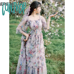 Lunivop French Sweet Women Fresh Chiffon Mesh Floral Dress Summer Seaside Resort Beach Bohemian