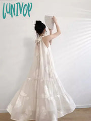 Lunivop French Vintage Apricot Embroidery Printed Dress Women Spring Summer Sleeveless Hanging Neck