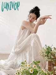 Lunivop French Vintage Apricot Embroidery Printed Dress Women Spring Summer Sleeveless Hanging Neck