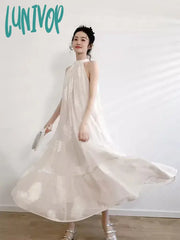 Lunivop French Vintage Apricot Embroidery Printed Dress Women Spring Summer Sleeveless Hanging Neck