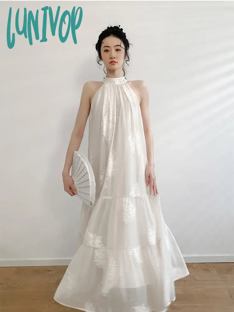 Lunivop French Vintage Apricot Embroidery Printed Dress Women Spring Summer Sleeveless Hanging Neck