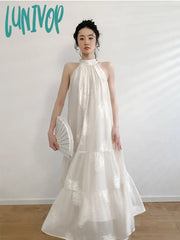 Lunivop French Vintage Apricot Embroidery Printed Dress Women Spring Summer Sleeveless Hanging Neck