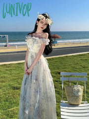 Lunivop French Vintage Bohemian Beige Print Ruffles Slip Long Dresses Summer Elegant Lady Off