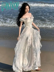 Lunivop French Vintage Bohemian Beige Print Ruffles Slip Long Dresses Summer Elegant Lady Off