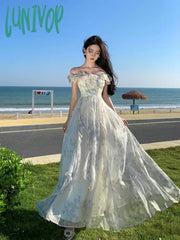 Lunivop French Vintage Bohemian Beige Print Ruffles Slip Long Dresses Summer Elegant Lady Off