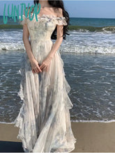Lunivop French Vintage Bohemian Beige Print Ruffles Slip Long Dresses Summer Elegant Lady Off