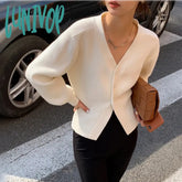Lunivop French Vintage Lazy Style Knitted Cardigan Sweater Coat Autumn New V Neck Long Sleeve Solid