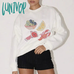 Lunivop Fruit Lobster Print Loose Fit Oversized Tops Vintage Graphic Sweatshirts Casual Long Sleeve