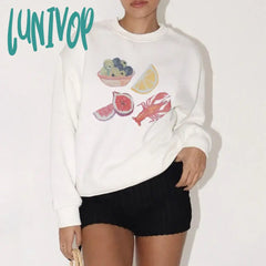 Lunivop Fruit Lobster Print Loose Fit Oversized Tops Vintage Graphic Sweatshirts Casual Long Sleeve