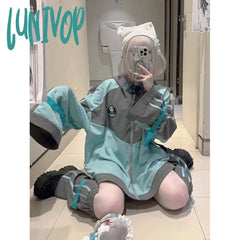 frutiger aero outfits Japanese Style Niche Design Sports Hooded Sweater Women's Autumn and Winter Fleece-lined Thickened Loose Mid-Length Coat Top