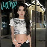 Lunivop Funny Cat Print T-Shirt Y2K Aesthetics Crop Top Grunge Vintage Slim Tee Fairycore Harajuku