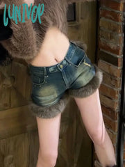 Lunivop Fur Feather Patchwork Denim Shorts Women 2024 Sexy High Street Jean Female Tassel Hem