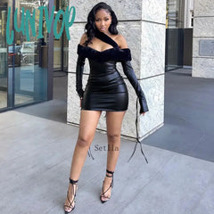 Lunivop Furry Patchwork Pu Leather Off Shoulder Long Sleeve Mini Dress Autumn Winter Women Sexy