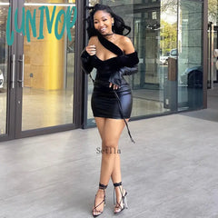 Lunivop Furry Patchwork Pu Leather Off Shoulder Long Sleeve Mini Dress Autumn Winter Women Sexy