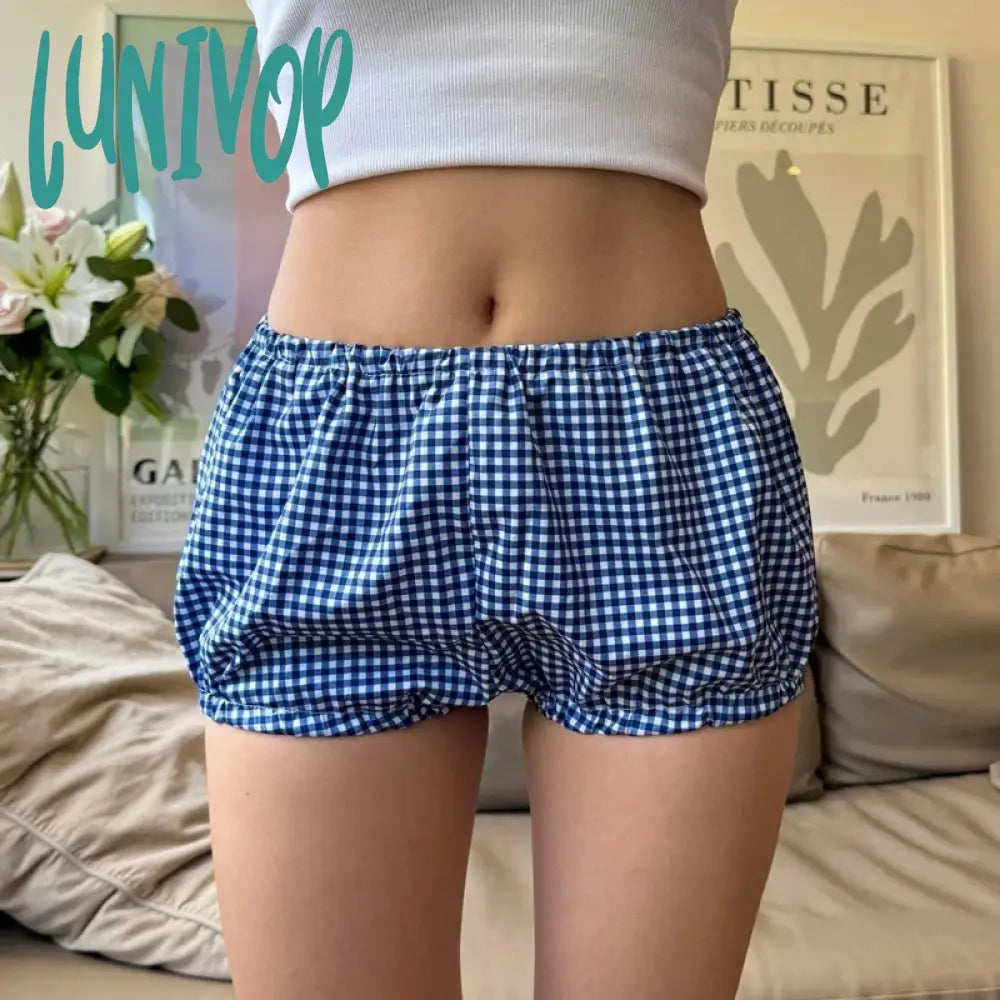 Lunivop Gingham Slim Fit Bubble Pumpkin Pants Kawaii Low Waisted Micro Shorts Y2K Aesthetic Vintage