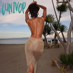 Lunivop Gold Sequin Split Backless Beach Dresses Sexy Exposed Waist Slim Fit Elegant Women’s