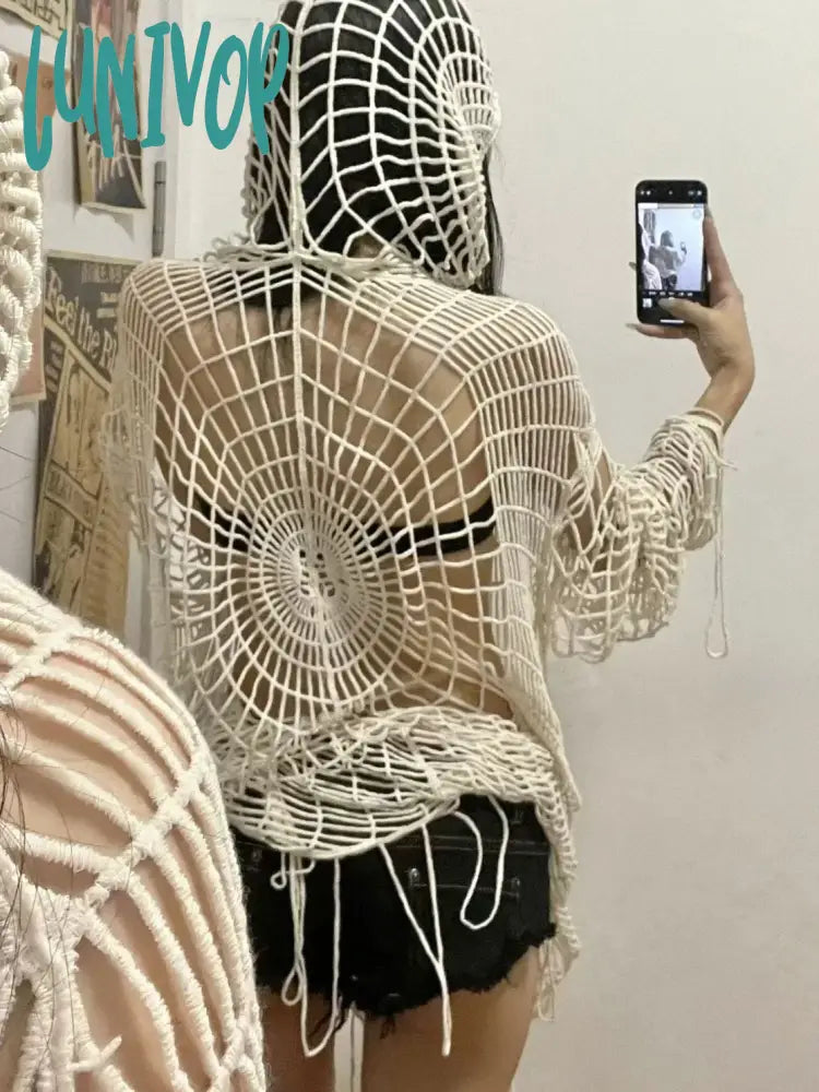 Lunivop Goth Grunge Y2K Crochet Tops Women Streetwear Knit Spider Web Hooded Mesh Pullover High