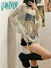 Lunivop Goth Grunge Y2K Crochet Tops Women Streetwear Knit Spider Web Hooded Mesh Pullover High