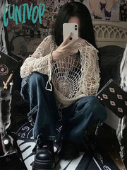Lunivop Goth Grunge Y2K Crochet Tops Women Streetwear Knit Spider Web Hooded Mesh Pullover High