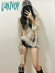 Lunivop Goth Grunge Y2K Crochet Tops Women Streetwear Knit Spider Web Hooded Mesh Pullover High