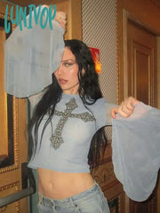 Lunivop Goth Mesh Tops Women Harajuku Fashion Y2K Cross Print Cropt Shirt Fairy Grunge Sexy Long