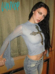 Lunivop Goth Mesh Tops Women Harajuku Fashion Y2K Cross Print Cropt Shirt Fairy Grunge Sexy Long