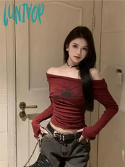 Lunivop Goth Spider Print Grunge T Shirts Women Long Sleeve Off Shoulder Y2K Vintage Crop Top
