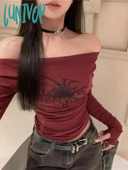 Lunivop Goth Spider Print Grunge T Shirts Women Long Sleeve Off Shoulder Y2K Vintage Crop Top