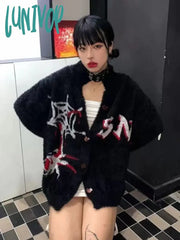 Lunivop Goth Y2K Black Spider Web Print Cardigans Women Harajuku Punk Dark Emo Sweaters Grunge