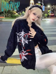 Lunivop Goth Y2K Black Spider Web Print Cardigans Women Harajuku Punk Dark Emo Sweaters Grunge