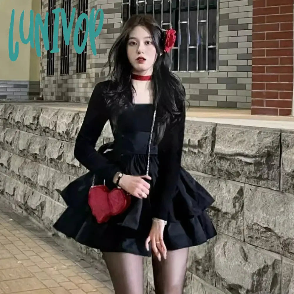 Lunivop Gothic Black Dress Women Casual Y2K Mini Even Party Elegant Vintage Clothing Harajuku