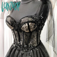 Lunivop Gothic Black Spaghetti Strap Wedding Dress Ball Gown Prom Glitter Sweetheart Evening