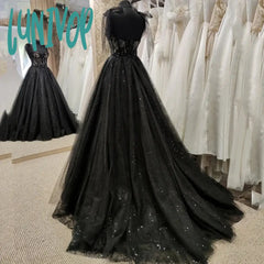 Lunivop Gothic Black Spaghetti Strap Wedding Dress Ball Gown Prom Glitter Sweetheart Evening