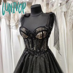 Lunivop Gothic Black Spaghetti Strap Wedding Dress Ball Gown Prom Glitter Sweetheart Evening