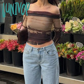 Lunivop Gothic Dark Fairy Grunge Y2K Crop Top Slash Neck Full Sleeve T Shirt Fairycore Hippie