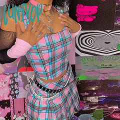 Lunivop Gothic Plaid Women Sets Buckle Camis Y2K Skirts Harajuku Fairy Grunge Backless Crop Tops E