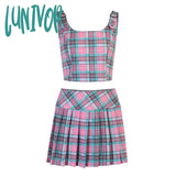 Lunivop Gothic Plaid Women Sets Buckle Camis Y2K Skirts Harajuku Fairy Grunge Backless Crop Tops E