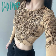 Lunivop Gothic Retro Mechanical Printed Long Sleeve T-Shirt Autumn Women Y2K Sexy Slim Full