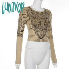 Lunivop Gothic Retro Mechanical Printed Long Sleeve T-Shirt Autumn Women Y2K Sexy Slim Full