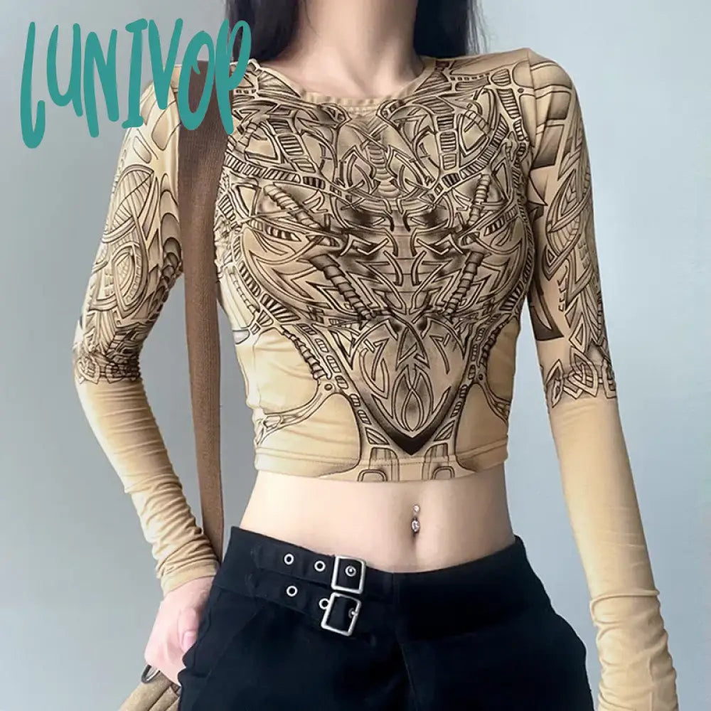 Lunivop Gothic Retro Mechanical Printed Long Sleeve T-Shirt Autumn Women Y2K Sexy Slim Full
