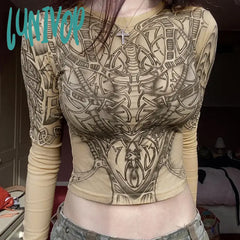 Lunivop Gothic Retro Mechanical Printed Long Sleeve T-Shirt Autumn Women Y2K Sexy Slim Full