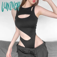 Lunivop Gothic Solid Bodycon Women Tops Sleeveless Fashion Bodysuit Goth Dark Hollow Out High Cut