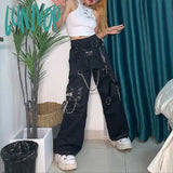 Lunivop Gothic Techwear Black Cargo Pants Women Punk Chain Pockets White Wide Leg Trousers Female Harajuku Streetwear Mall Goth