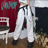 Lunivop Gothic Techwear Black Cargo Pants Women Punk Chain Pockets White Wide Leg Trousers Female