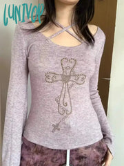 Lunivop Gothic Y2K Crop T Shirt Women Vintage Grunge Cross Graphic Knitted Tops Goth Aesthetic