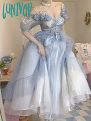 Lunivop Gradient Blue Lolita Dress Women Summer New Sweet Birthday Party For Young Girls
