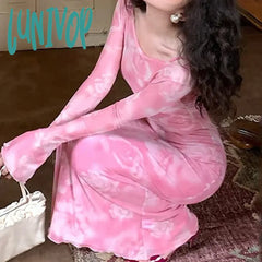 Lunivop Gradient Mesh Printing Long Dress For Women Sexy High Waisted Bell Sleeve Luxury Evening