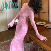 Lunivop Gradient Mesh Printing Long Dress For Women Sexy High Waisted Bell Sleeve Luxury Evening