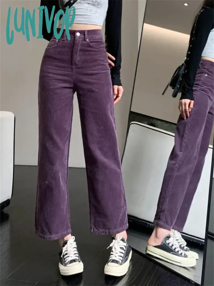 Lunivop Grape Purple Women Casual Trousers Spring Corduroy Chic Loose Straight All Match High Waist